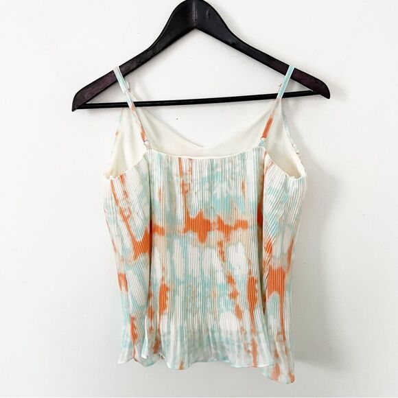She + Sky Blue Orange Watercolor Pleated Spagetti Strap Tank Top Blouse - Picture 2 of 9